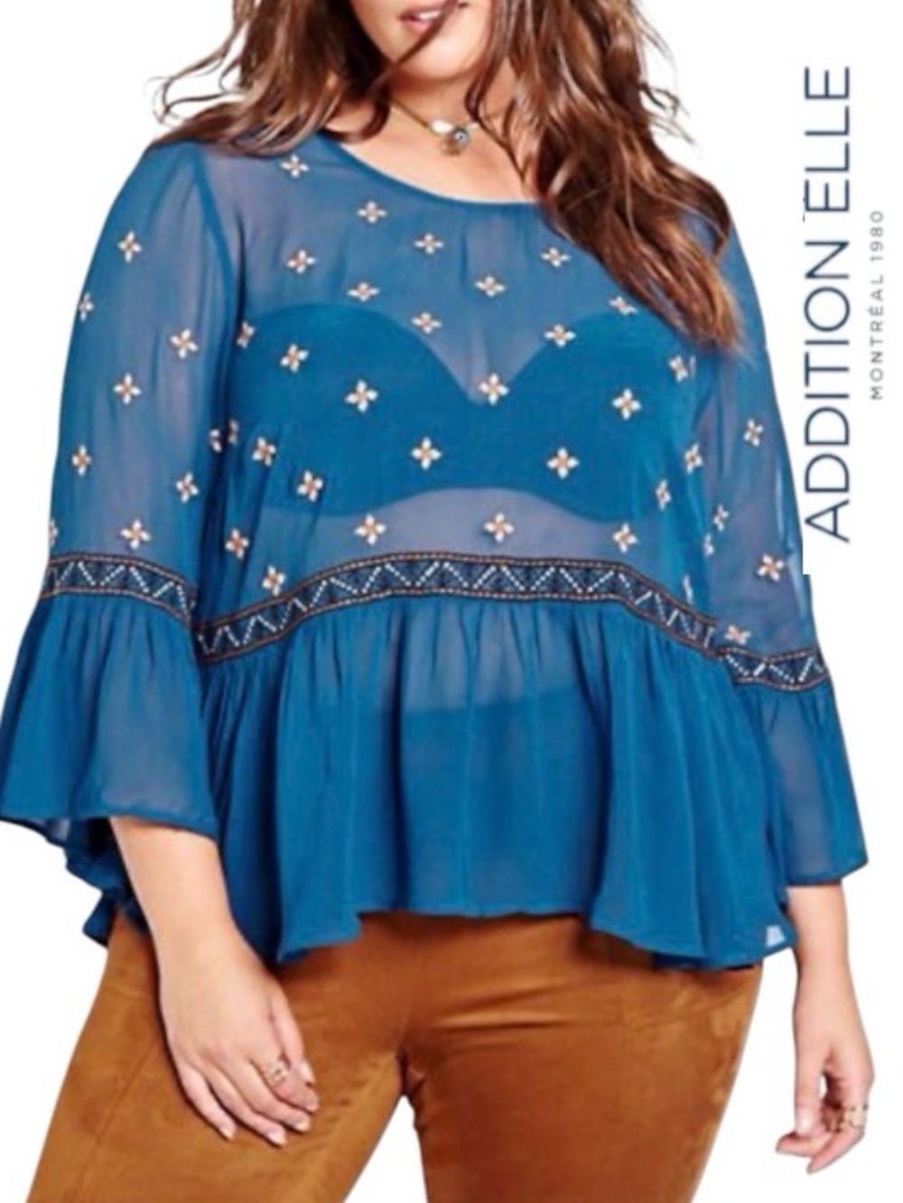 26W Michel Studio Boho Sheer Floaty Top with Embroidery Detail